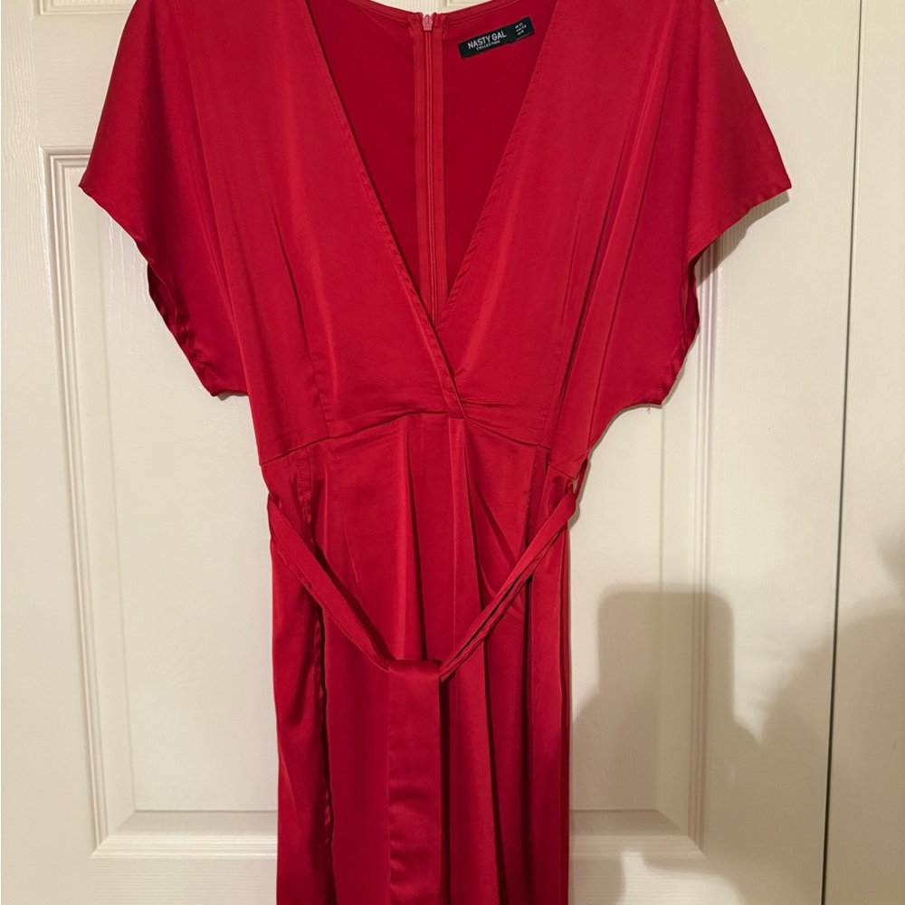 Nasty Gal Red Wrap Tie Front Midi Dress